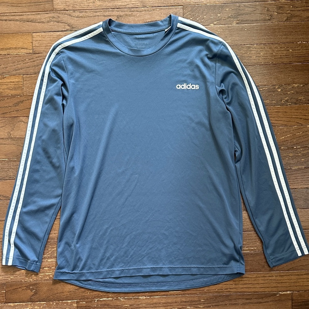 Adidas Men's Long Sleeve Climalite Tee Shirt,Blue/Gray with White Stripes,Large